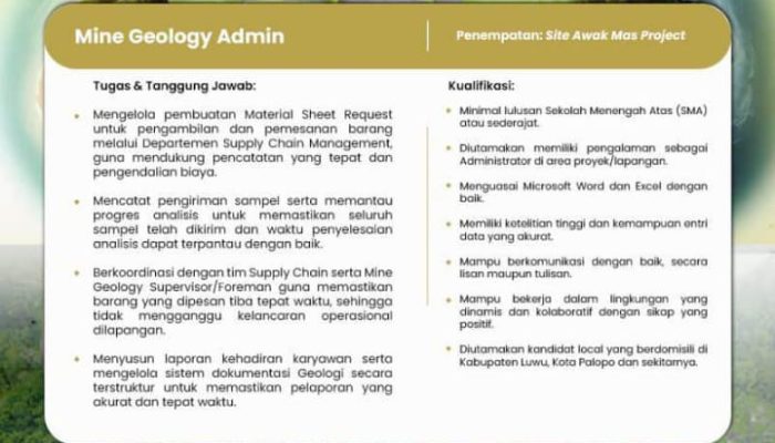 Perusahaan Tambang Emas di Luwu PT. Masmindo Buka Lowongan Kerja, Ini Posisi yang Dibutuhkan !