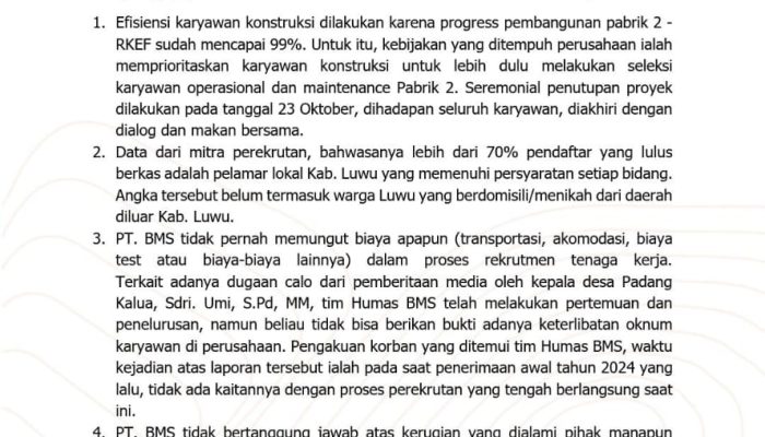 PT. BMS Klarifikasi Isu dan Aksi Demo Terkait Rekrutmen Karyawan di Luwu